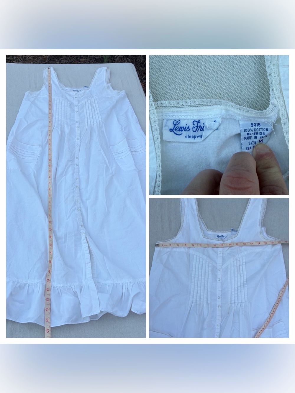 SOLD Vintage Lewis Frimel Sleepwear White Cotton Midi Maxi Dress Cottagecore - Picture 5 of 8
